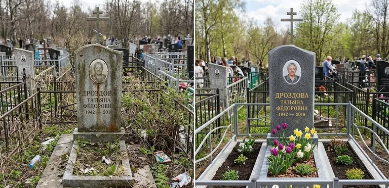Диптих №4: свежепокрашенная серебром оградка и отмытый красный гранит — до и после в Тюмени