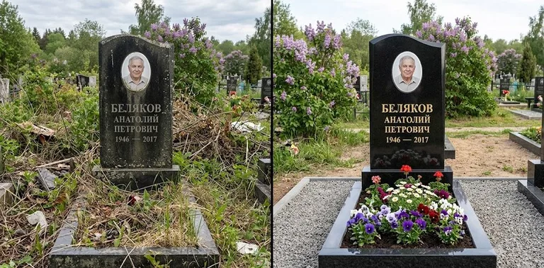 Уборка могилы до и после весной — цветущая сирень в Тюмени