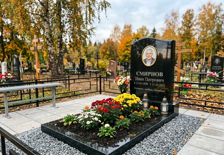 Ухоженная могила после уборки и мойки памятника в Тюмени