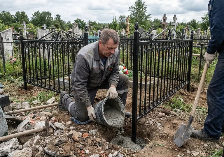 Установка ограды бетонированием ножек в грунт в Тюмени