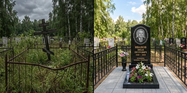 Благоустройство могилы до и после установки памятника в Тюмени