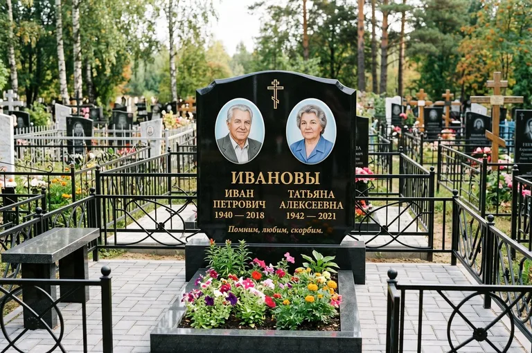 Двойной памятник с оградой и благоустройством в Тюмени