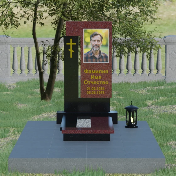 Православный памятник с крестом и мемориальным комплексом в Казани, гранит Лезниковский, вид 2