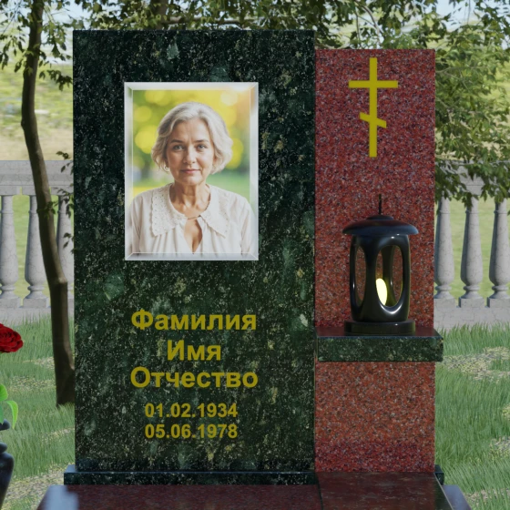 Вертикальный комбинированный православный памятник в Барнауле, гранит Балтик грин