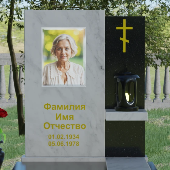 Вертикальный комбинированный православный памятник в Барнауле, мрамор Тассос