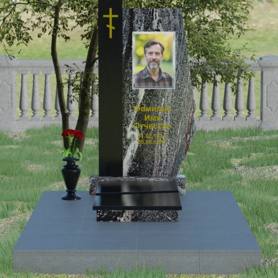 Гранитный православный памятник с крестом в Перми, гранит амфиболит, вид 2