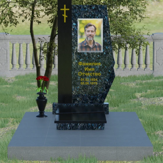 Гранитный православный памятник с крестом в Перми, гранит Блю Перл, вид 2