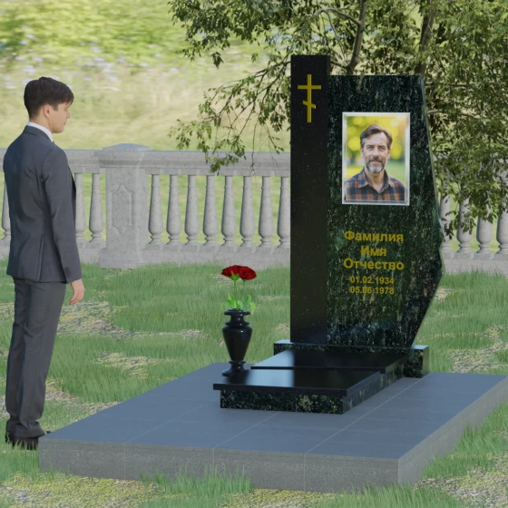 Гранитный православный памятник с крестом в Перми, гранит Балтик грин, вид 3
