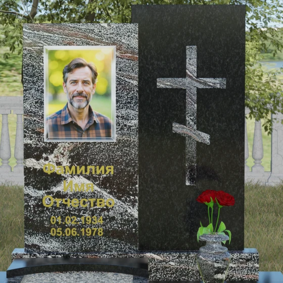 Православный комбинированный памятник с крестом в Салехарде, гранит амфиболит