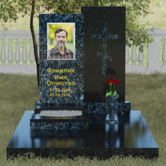 Православный комбинированный памятник с крестом в Салехарде, гранит Блю Перл, вид 2