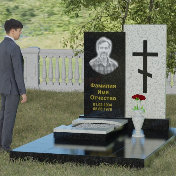 Православный комбинированный памятник с крестом в Салехарде, гранит Габбро-диабаз, вид 4