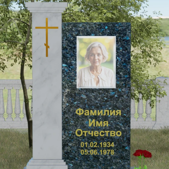 Гранитный православный вертикальный памятник с крестом в Калининграде, гранит Блю Перл