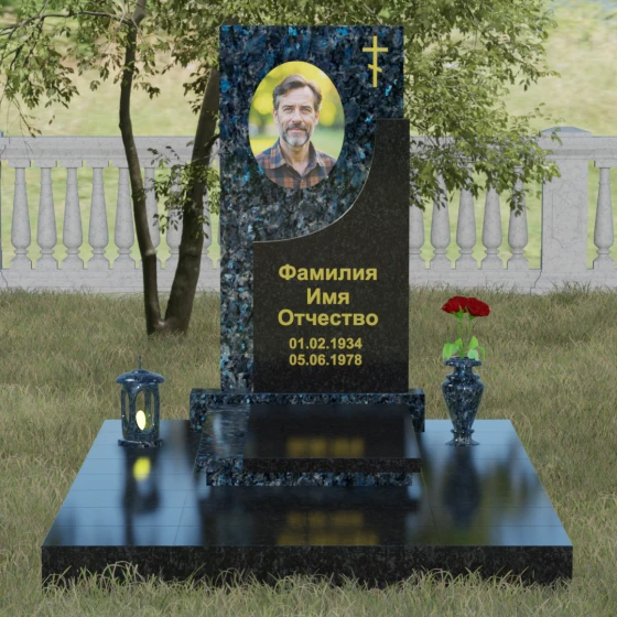 Надгробие с четырехконечным крестом и мощением, гранит Блю Перл, вид 2