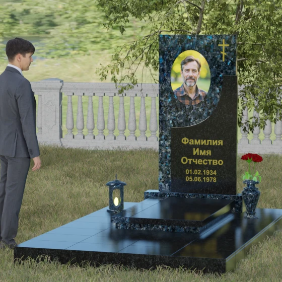 Надгробие с четырехконечным крестом и мощением, гранит Блю Перл, вид 4