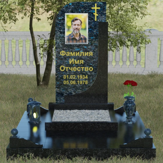 Гранитный памятник с крестом для одного в Новокузнецке, гранит Блю Перл, вид 2