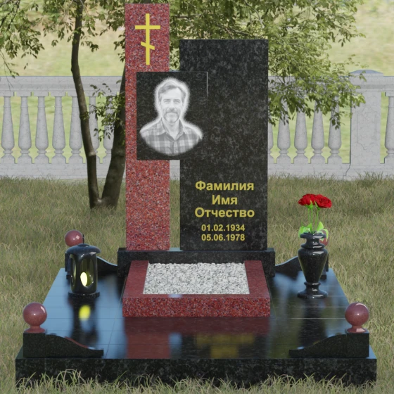 Православный комбинированный памятник с крестом в Ульяновске, гранит Габбро-диабаз, вид 2