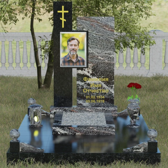 Православный комбинированный памятник с крестом в Ульяновске, гранит амфиболит, вид 2