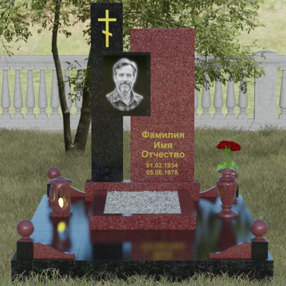 Православный комбинированный памятник с крестом в Ульяновске, гранит Лезниковский, вид 2