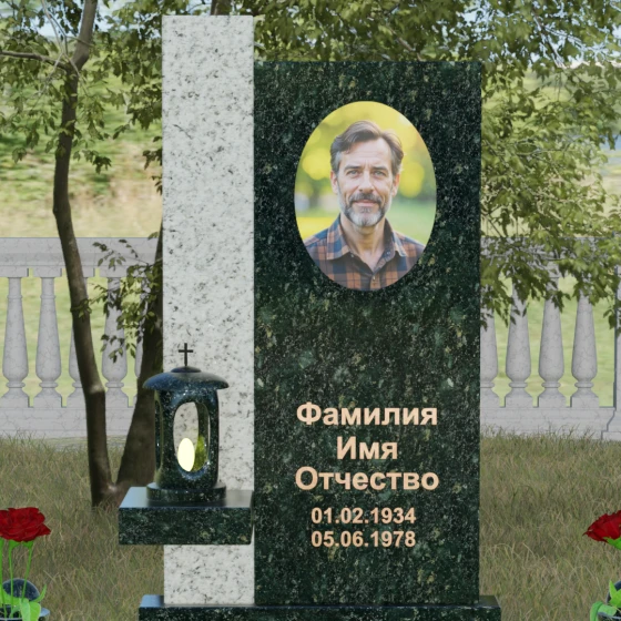Светский комбинированный вертикальный памятник в Салехарде, гранит Балтик грин