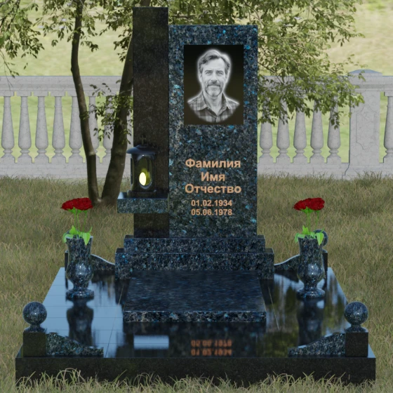 Светский комбинированный вертикальный памятник в Салехарде, гранит Блю Перл, вид 2
