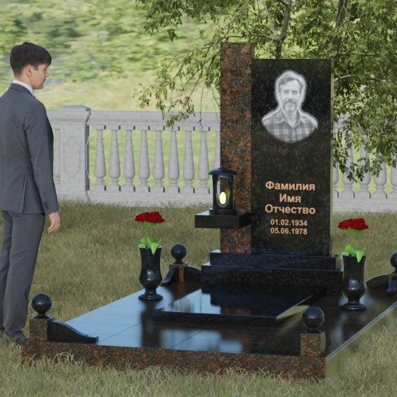 Светский комбинированный вертикальный памятник в Салехарде, гранит Габбро-диабаз, вид 4