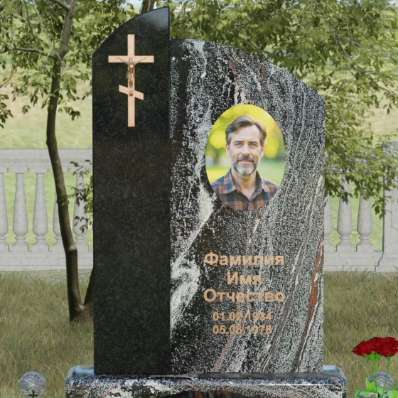 Памятник-волна с объемным крестом, гранит амфиболит