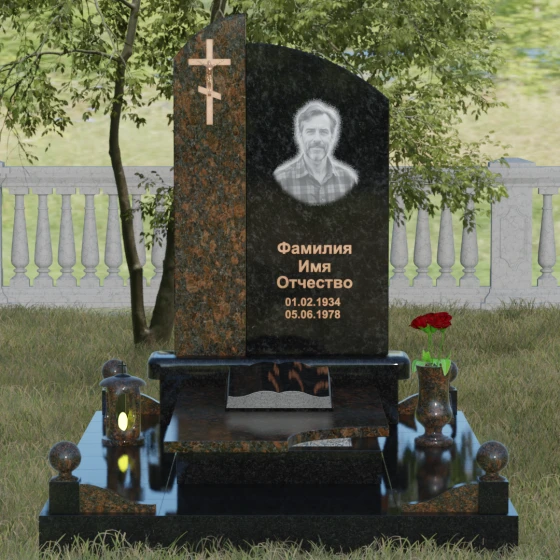 Памятник-волна с объемным крестом, гранит Габбро-диабаз, вид 2