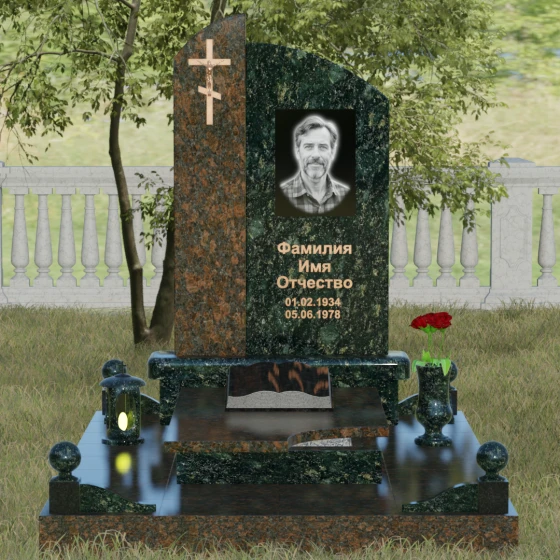 Памятник-волна с объемным крестом, гранит Балтик грин, вид 2