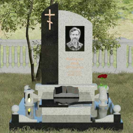 Памятник-волна с объемным крестом, гранит Мансуровский, вид 2
