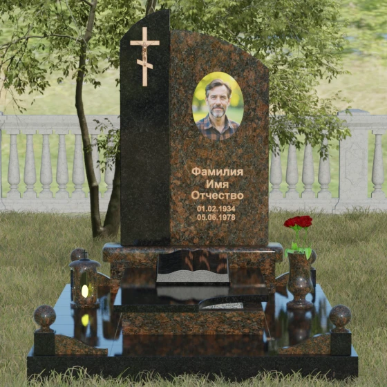 Памятник-волна с объемным крестом, гранит Дымовский, вид 2