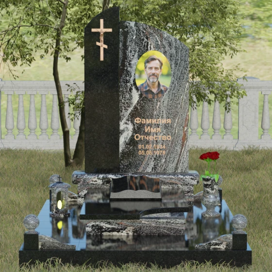 Памятник-волна с объемным крестом, гранит амфиболит, вид 2