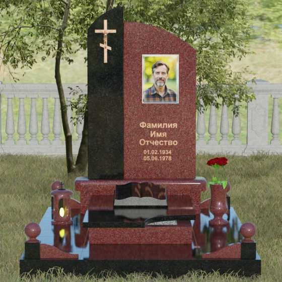 Памятник-волна с объемным крестом, гранит Лезниковский, вид 2