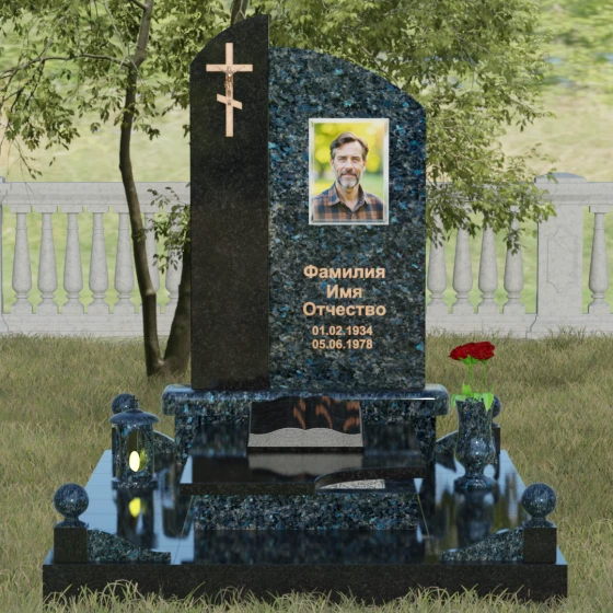 Памятник-волна с объемным крестом, гранит Блю Перл, вид 2
