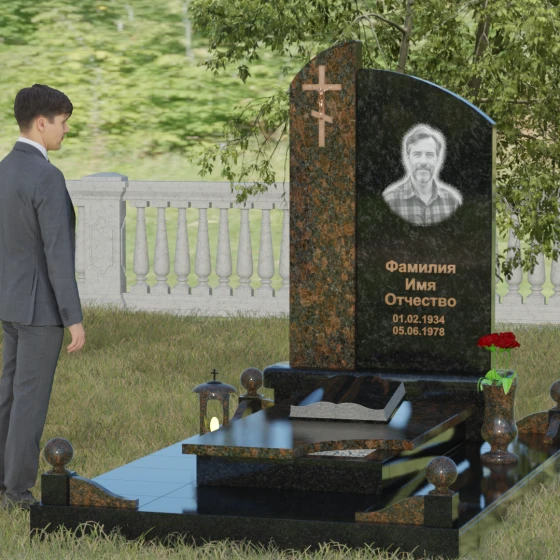 Памятник-волна с объемным крестом, гранит Габбро-диабаз, вид 4