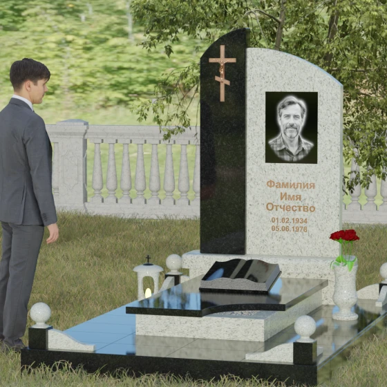 Памятник-волна с объемным крестом, гранит Мансуровский, вид 4