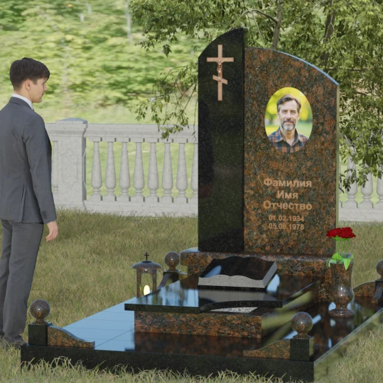 Памятник-волна с объемным крестом, гранит Дымовский, вид 4