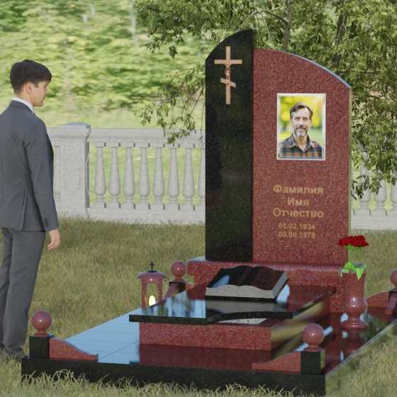 Памятник-волна с объемным крестом, гранит Лезниковский, вид 4