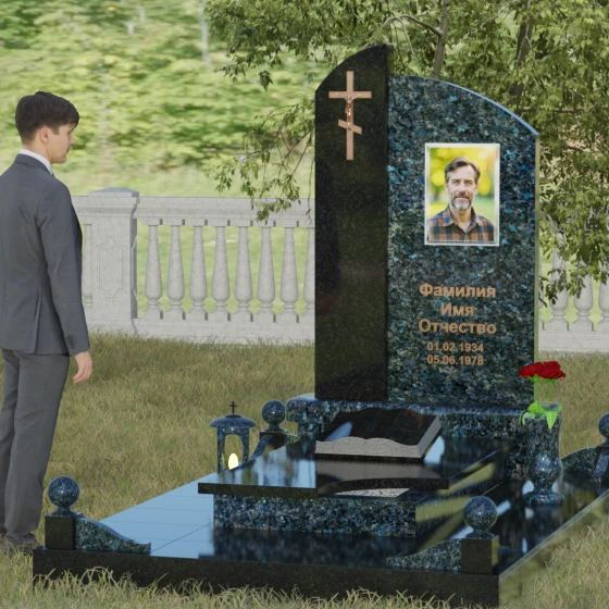 Памятник-волна с объемным крестом, гранит Блю Перл, вид 4