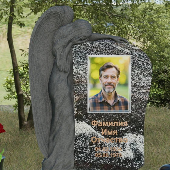 Элитный гранитный монумент со скорбящим ангелом, гранит амфиболит, в Якутске
