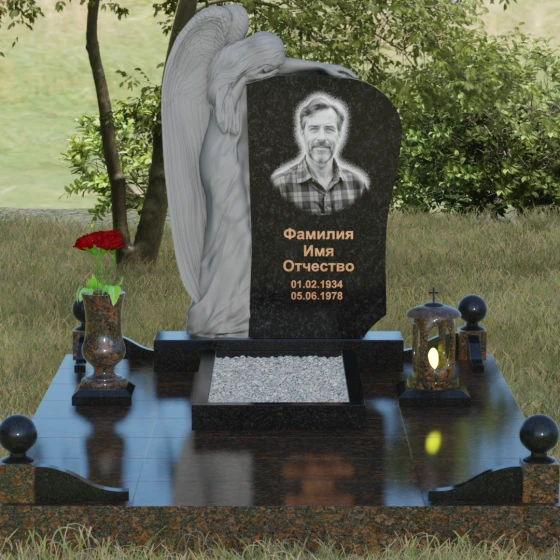 Элитный гранитный монумент со скорбящим ангелом, гранит Габбро-диабаз, вид 2, в Якутске