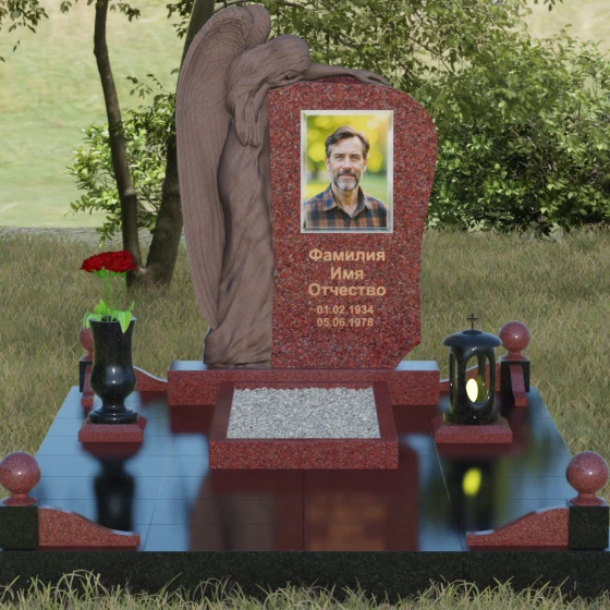 Элитный гранитный монумент со скорбящим ангелом, гранит Лезниковский, вид 2, в Якутске