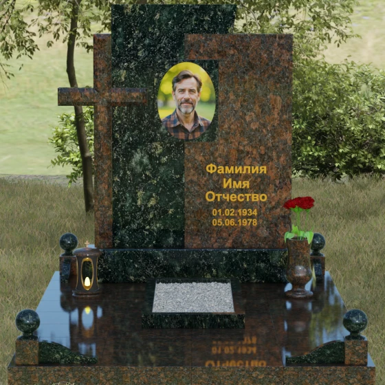 Православный комбинированный памятник в Тюмени, гранит Балтик грин, вид 2