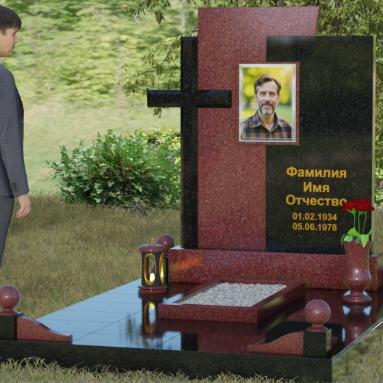 Православный комбинированный памятник в Тюмени, гранит Лезниковский, вид 4
