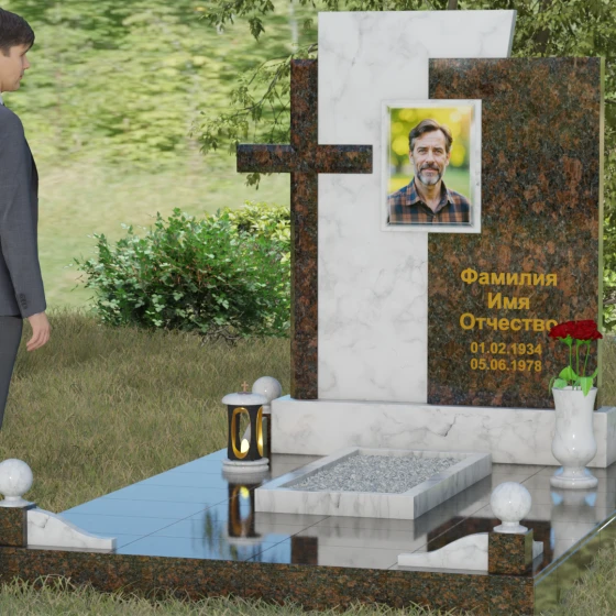 Православный комбинированный памятник в Тюмени, мрамор Тассос, вид 4