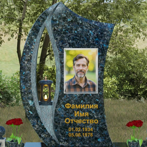 Гранитный памятник с каплевидным отверстием, гранит Блю Перл, в Якутске