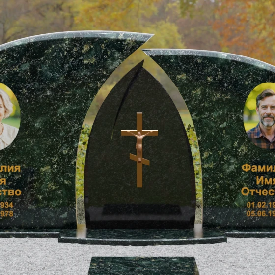 Комбинированный горизонтальный памятник с крестом в Салехарде, гранит Балтик грин