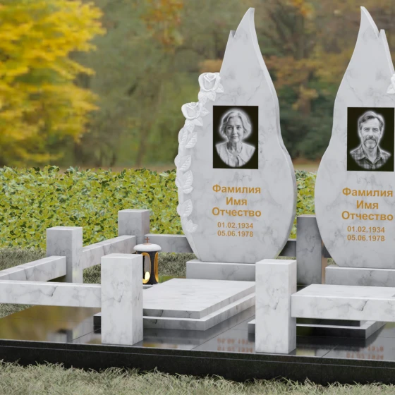 Вертикальный гранитный памятник на двоих в Кемерово, мрамор Тассос, вид 4