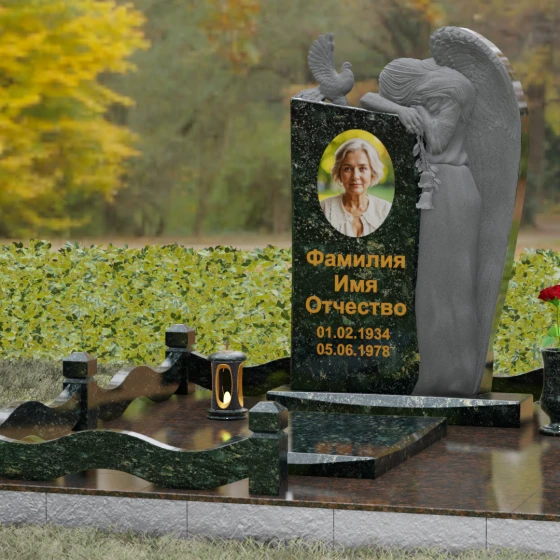Элитный комбинированный вертикальный светский памятник во Владивостоке, гранит Балтик грин, вид 4