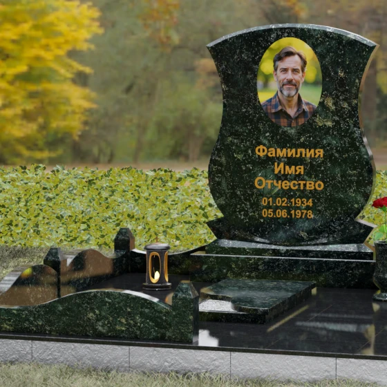 Гранитное надгробие с фигурными столбиками и мощением, гранит Балтик грин, вид 4, в Якутске