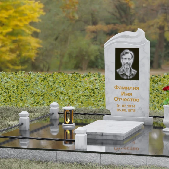 Вертикальный гранитный светский памятник в Альметьевске, мрамор Тассос, вид 4